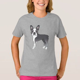Blå Boston Terrier Bedårande Tecknad Hund Ritning T Shirt