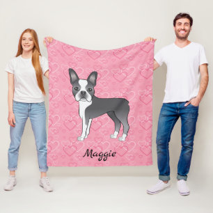 Blå Boston Terrier Hund På Rosa Hjärtan Och Namn Fleecefilt