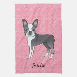 Blå Boston Terrier Hund På Rosa Hjärtan Och Namn Kökshandduk