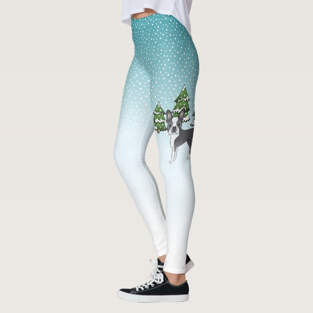 Blå Boston Terrier I En Vinter Skog Leggings (Vänster)