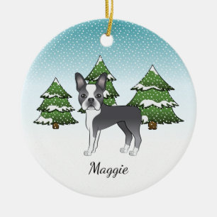 Blå Boston Terrier I En Vinter Skog & Namn Julgransprydnad Keramik