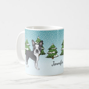 Blå Boston Terrier I En Vinter Skog & Namn Kaffemugg