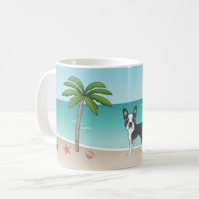 Blå Boston Terrier på en tropisk sommarstrand Kaffemugg (Framsida vänster)
