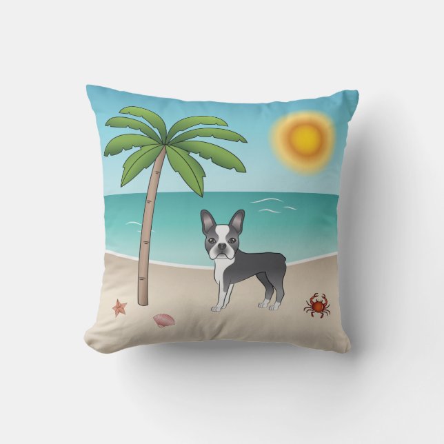 Blå Boston Terrier på en tropisk sommarstrand Kudde (Framsida)