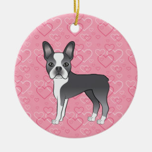 Blå Boston Terrier på rosa hjärtan Husdjur Minnesm Julgransprydnad Keramik