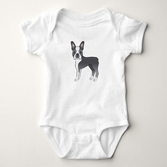 Blå Boston Terrier Söt Tecknad Hund Ritning T Shirt (Framsida)
