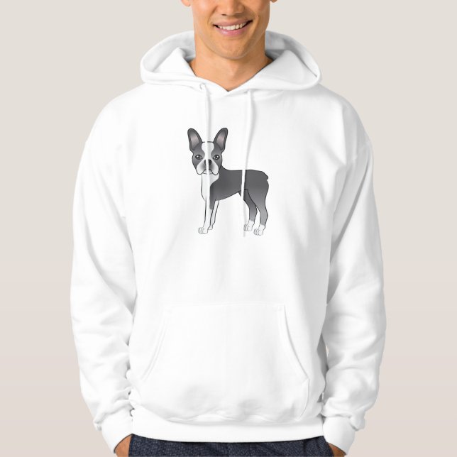Blå Boston Terrier Söt Tecknad Hunddesign Hoodie (Framsida)