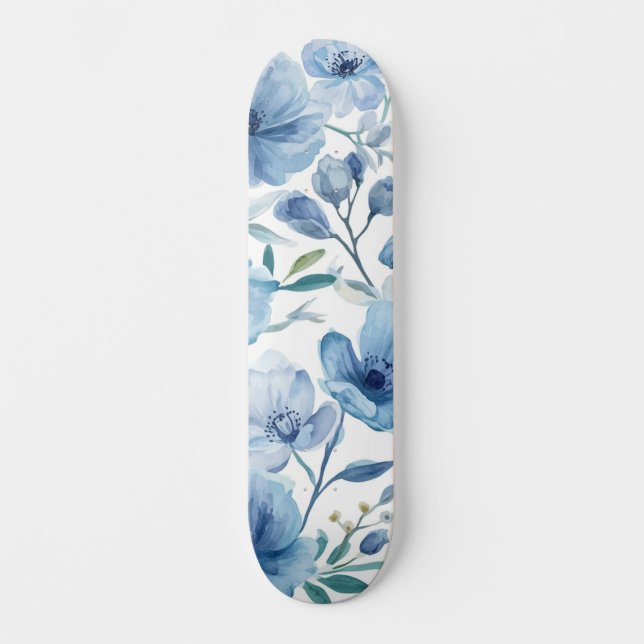 Blå botanisk akvarell blomsterträdgård mini skateboard bräda 18,5 cm (Framsida)