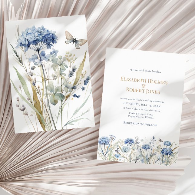 Blå Botanisk Äng Bröllopsinbjudan Inbjudningar (French Blue Watercolor Garden Wildflowers Wedding Invitation on a sunny boho neutral dry palm leaf.)