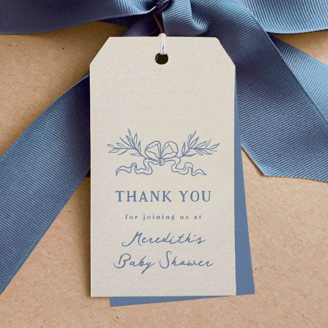 Blå Botanisk Band Babyfirande Tack Favor Presentetikett (Blue Botanical Ribbon Baby Shower Thank You Favor Gift Tags)