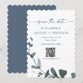 Blå Botanisk Blad Spara Datum med QR + Bild Inbjudningar