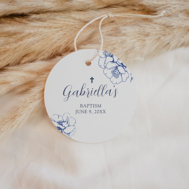 Blå Botanisk Blommig Dop  Gåvor Etiketter (Vintage Blue Floral Baptism Circle Favor Tag)