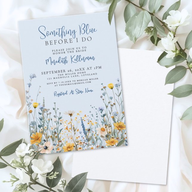 Blå Botanisk Bröllopsfest med Vilda Blommor Inbjudningar (Blue Botanical Wildflower Bridal Shower Invitation)