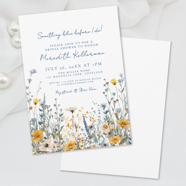 Blå Botanisk Bröllopsfest med Vilda Blommor Inbjudningar (Blue Botanical Wildflower Bridal Shower Invitation)
