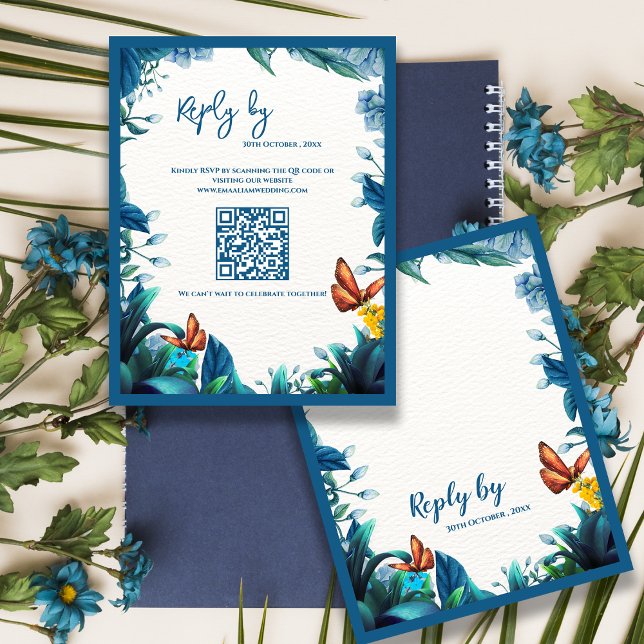 Blå Botanisk Fjäril QR-kod Bröllopsvar Av OSA Kort (Blue Botanical Butterfly QR Code Wedding reply By RSVP Card)