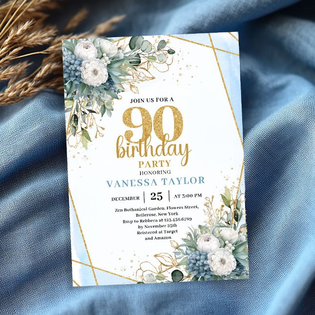 Blå Botanisk Guld Ram 90-års Födelsedagsinbjudan Inbjudningar (Blue Botanical Gold Frame 90th Birthday Invite)