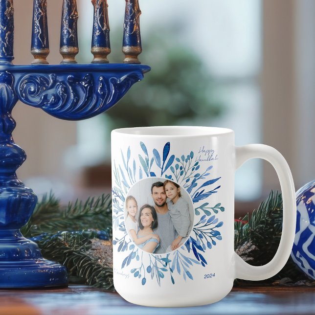 Blå botanisk Hanukkah judisk familjefoto Kaffemugg (Skapare uppladdad)