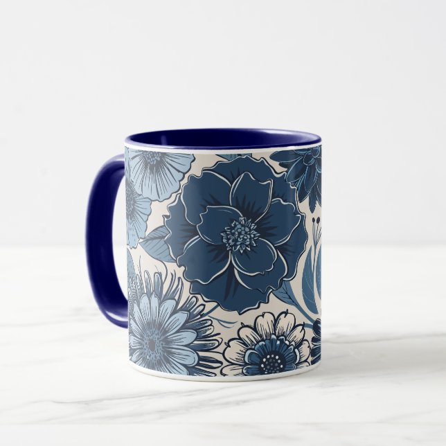 Blå botaniska Blommar: Elegant Blommigt Art Mugg (Framsida vänster)