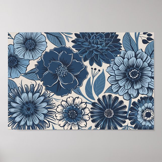 Blå botaniska Blommar: Elegant Blommigt Art Poster (Framsidan)