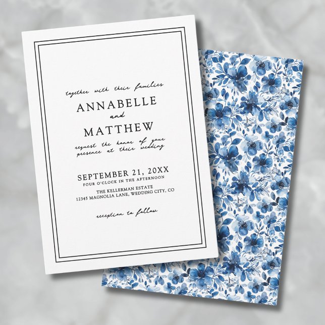 Blå botaniska klassiska Eleganten Blommigt Bröllop Inbjudningar (Blue Botanical Classic Elegant Floral Wedding Invitation)