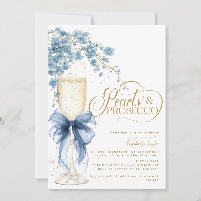 Blå Bouquet Blommor Pärlor & Prosecco Bröllopsdusc Inbjudningar (Framsida)