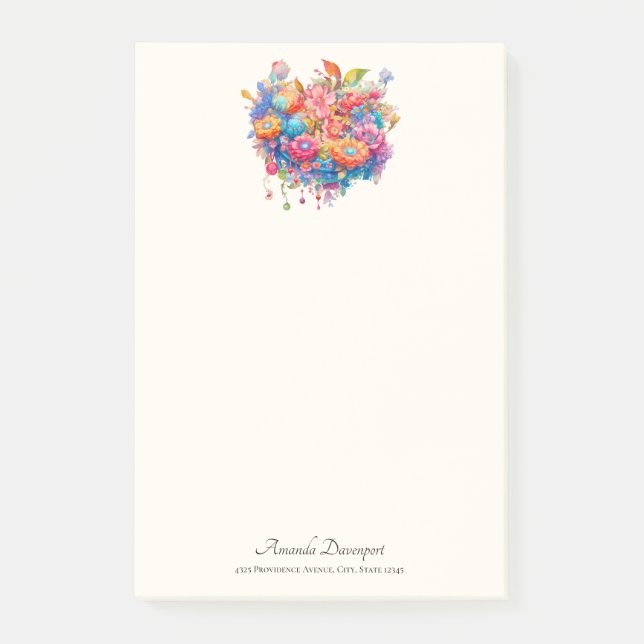 Blå Bouquet i Rosa Orange och Blå Boho Post-it Block (Framsida)