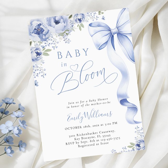 Blå Bow Baby i blom Baby Shower Inbjudningar (Skapare uppladdad)