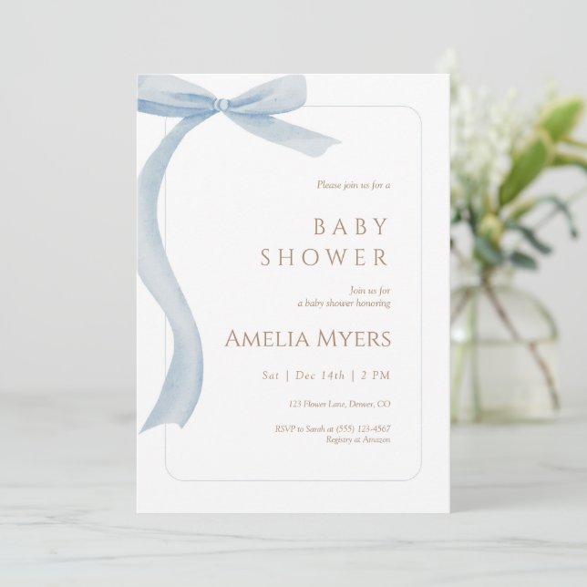 Blå Bow Baby Shower Inbjudan Minimal Akvarell (Stående Fram)