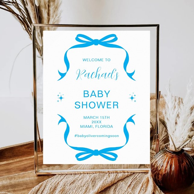 Blå Bow Baby Shower Välkommen Minimal 1:a födelsed Poster (Skapare uppladdad)