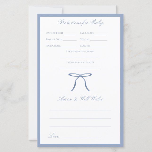 Blå Bow Babyshower Råd & Förutsägelser Spel (Framsida)
