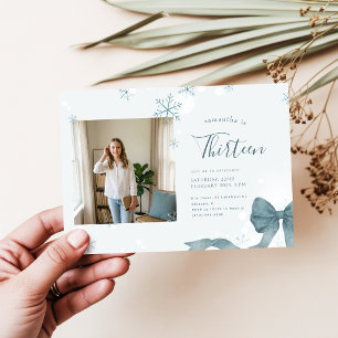 Blå Bow Coquette Flickor Foto Vinter 13-årsdag Inbjudningar