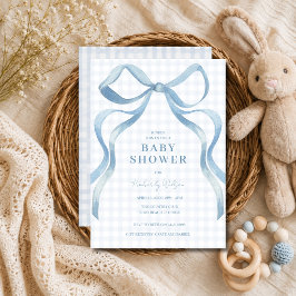 Blå Bow Coquette Rutiga Baby Shower Inbjudningar