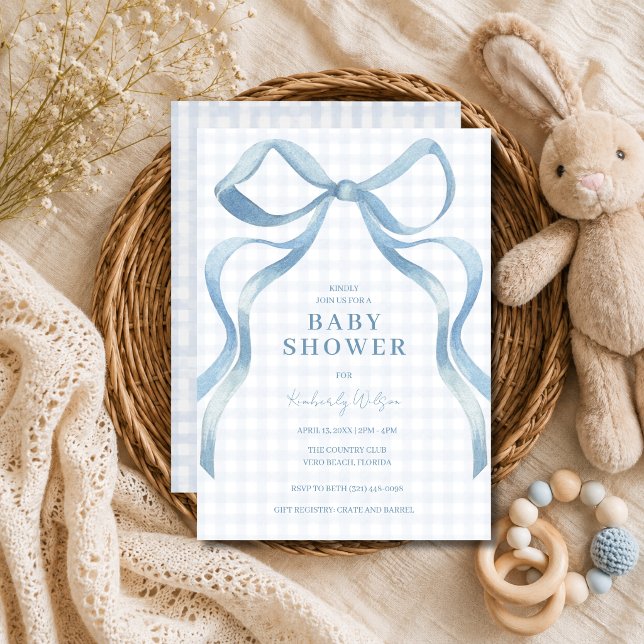 Blå Bow Coquette Rutiga Baby Shower  Inbjudningar (Blue Bow Coquette Gingham Baby Shower Invitation)