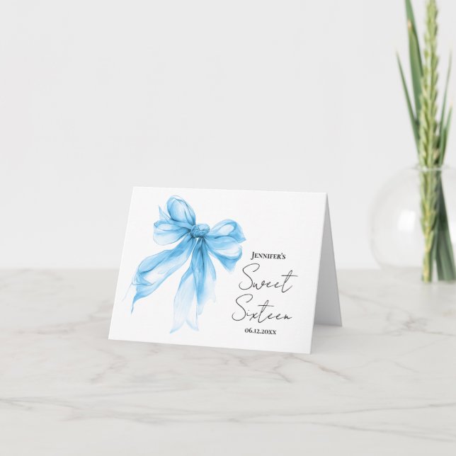 Blå Bow Coquette Script Sweet 16 Tack  Kort (Framsida)