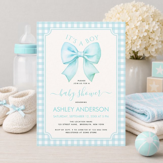 Blå Bow Det är en pojke Baby Shower Rutig Plaid Inbjudningar (Skapare uppladdad)