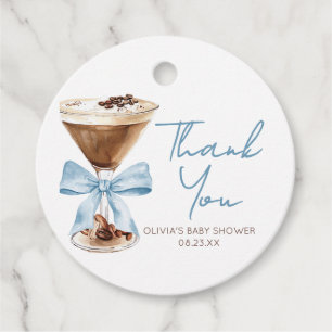 Blå Bow Espresso Martini Baby Shower Förmånsetiket Gåvor Etiketter