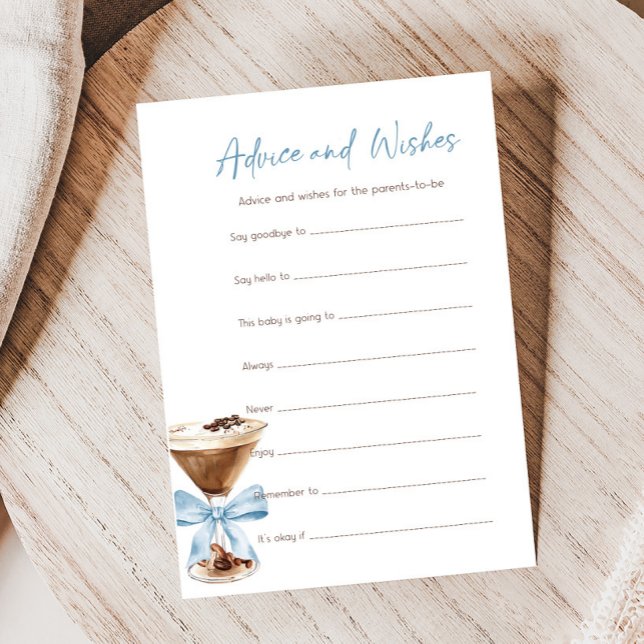 Blå Bow Espresso Martini Råd och Önskningar Lek (Espresso Baby Shower Game)