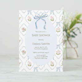 Blå Bow Floral Baby Shower Inbjudningar
