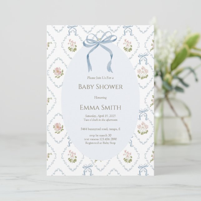 Blå Bow Floral Baby Shower  Inbjudningar (Stående Fram)