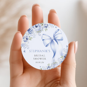 Blå Bow Floral Bröllopsduschdekal Runt Klistermärke