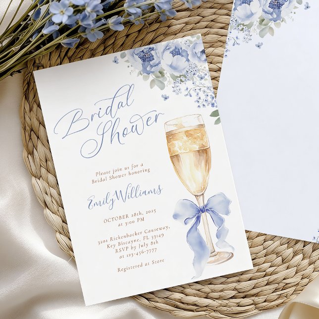 Blå Bow Floral Champagne Bröllopsfestinladan Inbjudningar (Skapare uppladdad)