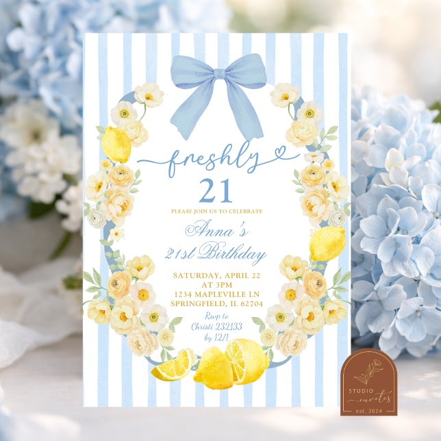 Blå Bow Floral Citron Färsk 21 Födelsedag Inbjudningar (Skapare uppladdad)