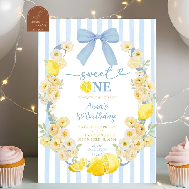 Blå Bow Floral Citron Sweet One 1-årsdag Inbjudningar (Skapare uppladdad)