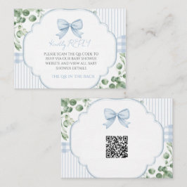 Blå Bow Gingham Greenery QR-kod RSVP Anteckningskort