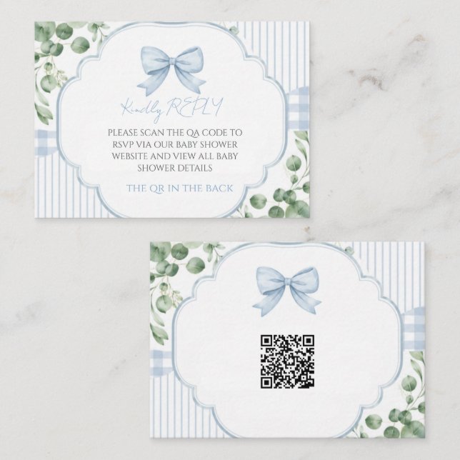 Blå Bow Gingham Greenery QR-kod RSVP Anteckningskort (Fram/baksida)
