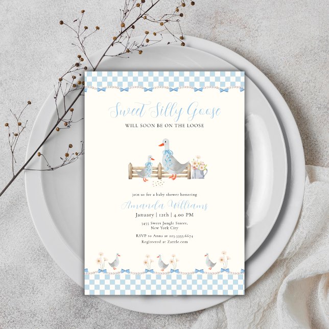 Blå Bow Gingham Priddy Dumma Gås Bebis Badrum Inbjudningar (Blue Bow Gingham Preppy Silly Goose Baby Shower Invitation)
