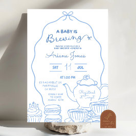Blå Bow Hand Doodle En baby bryggs baby shower Inbjudningar