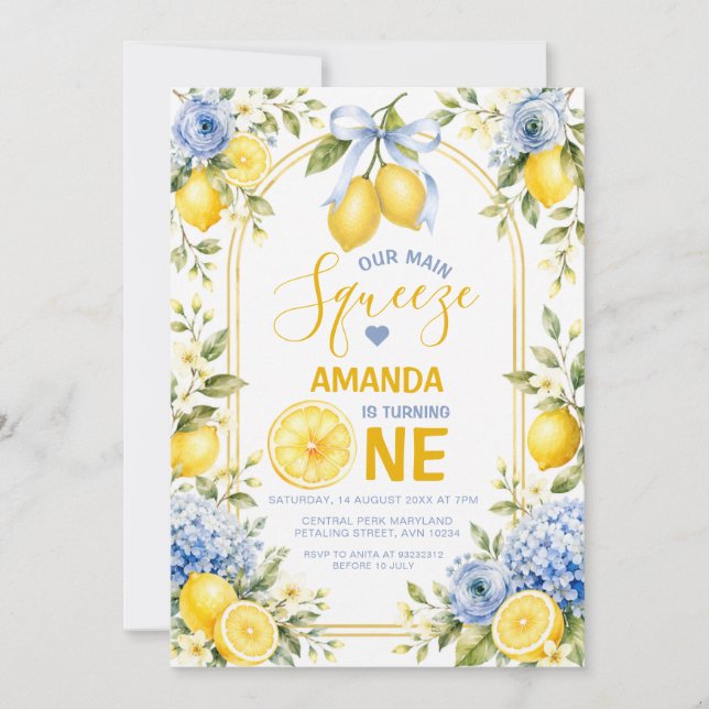 Blå Bow Lemon Sweet One födelsedag Main Squeeze Inbjudningar (Framsida)
