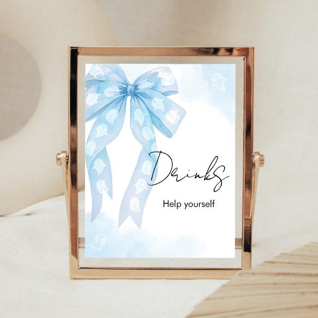Blå Bow Lille Boo Shower Dryckes skylt (Boy Coquette Halloween Baby Shower Drinks Sign)