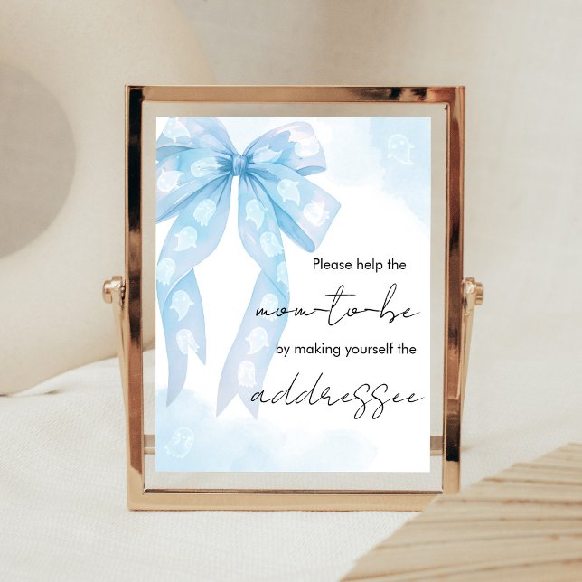 Blå Bow Little Boo Shower Kuvert Station skylt (Boy Coquette Halloween Baby Shower Envelope Station Sign)